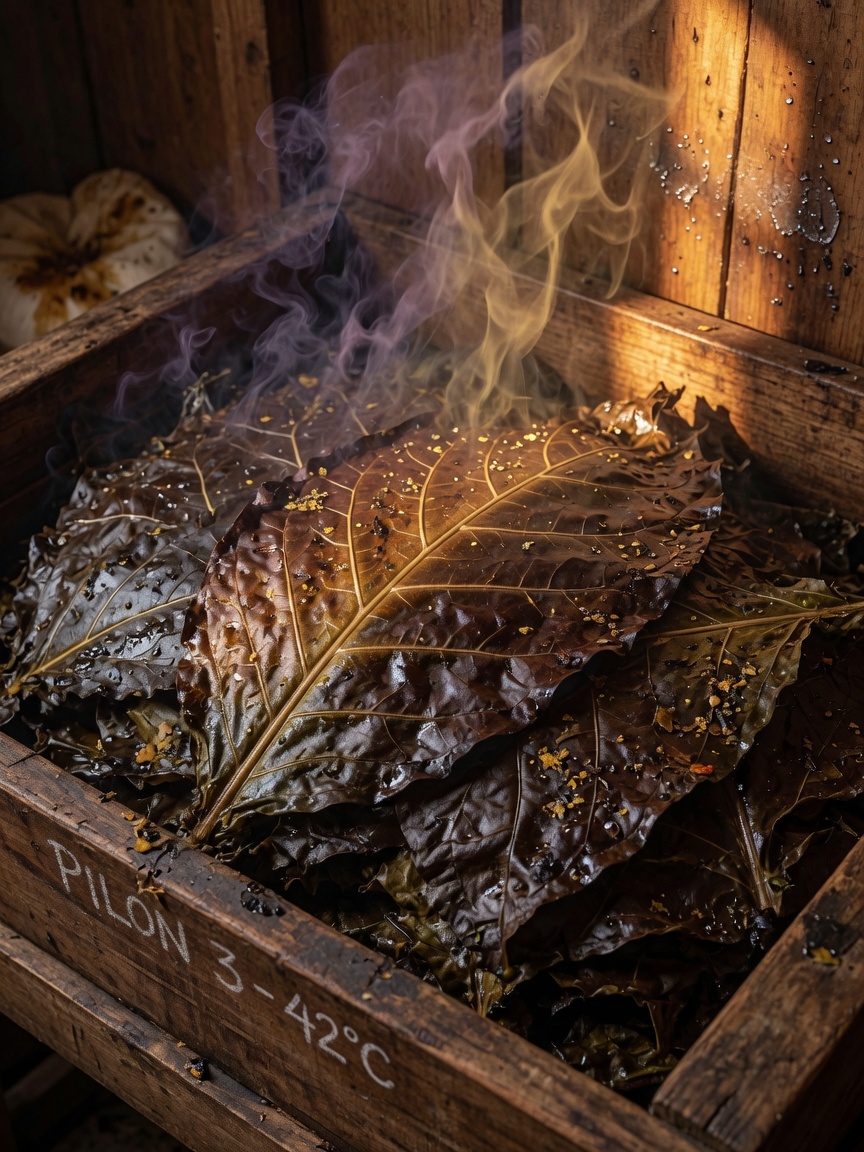 A pile of tobacco leaves in Pilón fermentation: moisture, temperature, and microorganisms together drive the transformation
